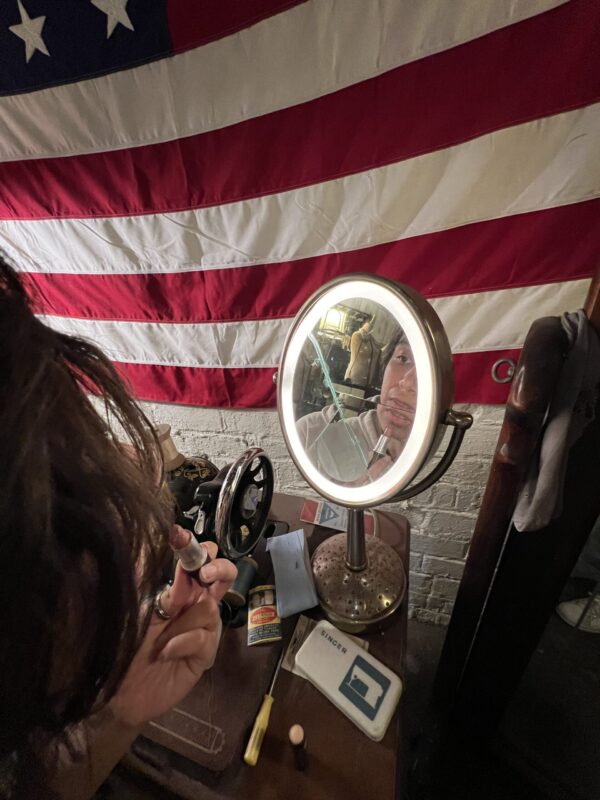 Buffalo Bill's House tour - basement sewing room mirror and lipstick