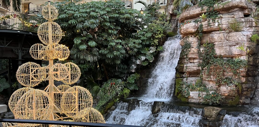 gaylord opryland at christmas - waterfall and christmas tree