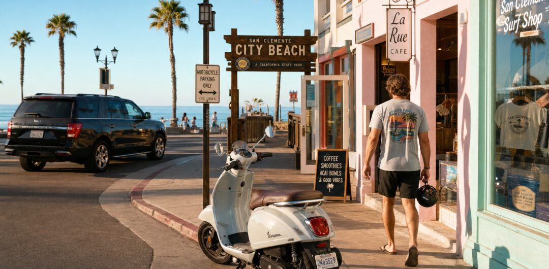 4 Reasons a Scooter Is Perfect for Short Trips  - Beachgoer Walks by Cafe with Parked Scooter