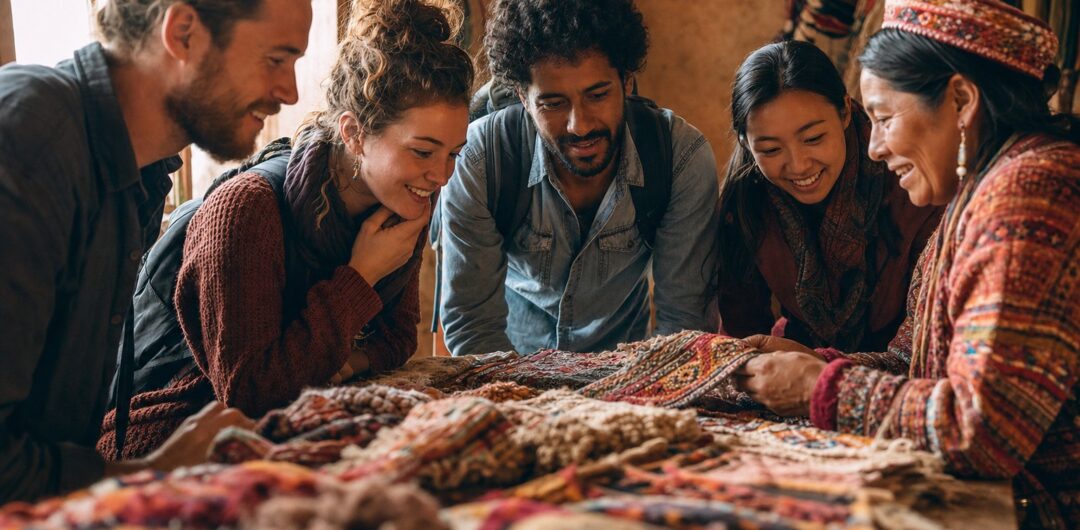 4 Simple Upgrades For Effortless Europe Trips - Group Admiring Colorful Woven Textiles with Local Artisan
