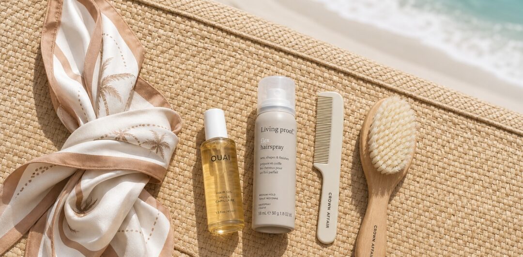 4 Easy Beach Frizz Solutions for Humid Beach Days - Italian Towel and Hair Products on Woven Mat by Ocean