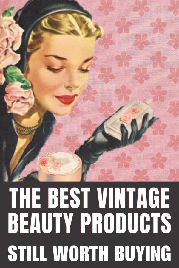 A collection of classic vintage beauty products arranged on a vanity, including iconic items like a pink-and-green mascara tube, a jar of cold cream, and classic red lipstick. These timeless retro skincare and makeup essentials remain popular beauty staples today.